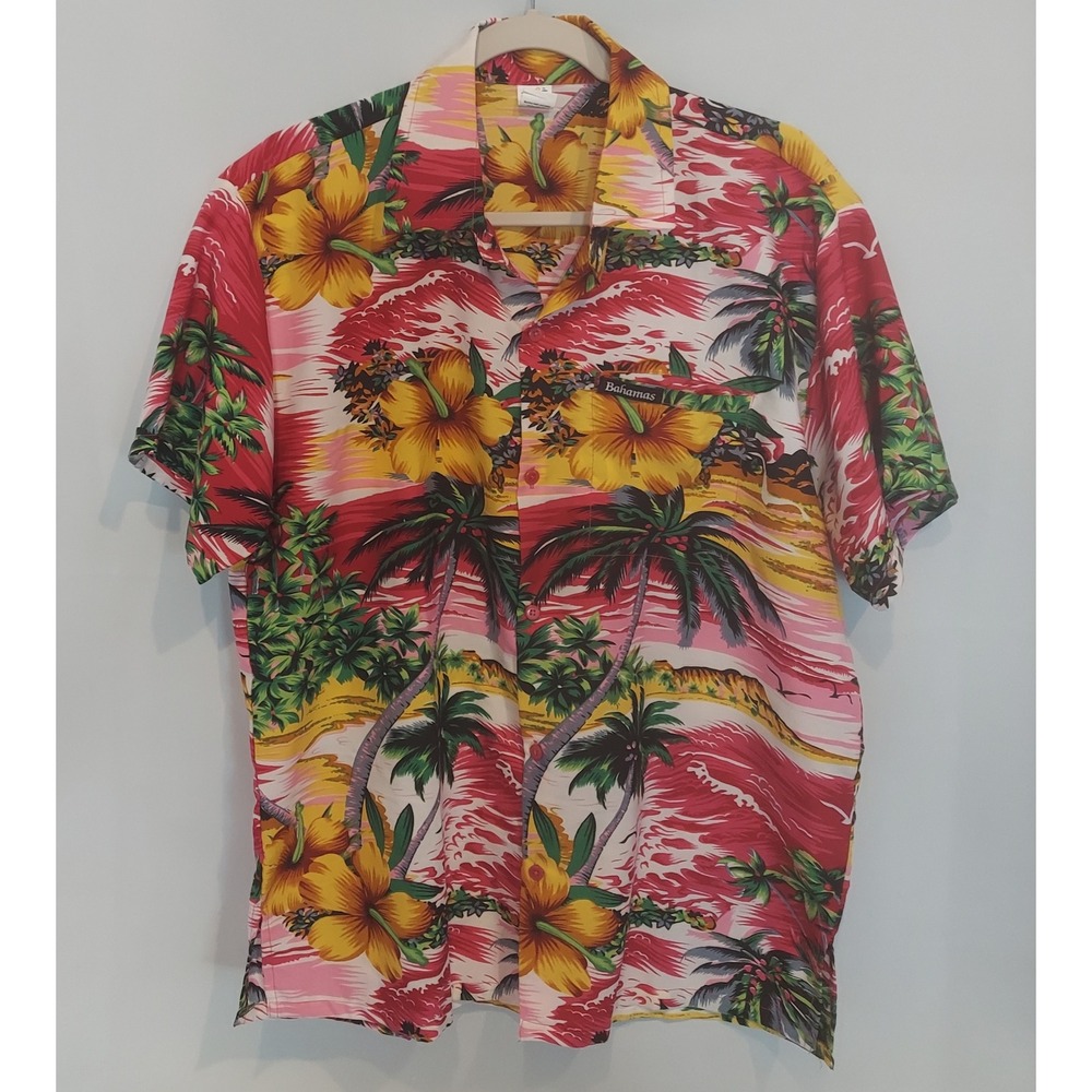 Rina Mens Beach Sunset Hawaiian SS Button Down Silky Bahamas Shirt Size Medium
